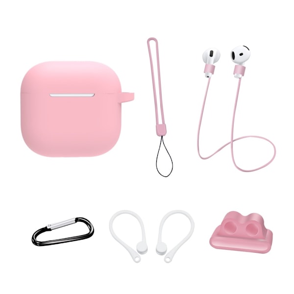 För AirPods 4  6 i 1 Tillbehör Fodral Rem Hållare Öronkrokar Nackrem Nyckelring - Rosa Rosa