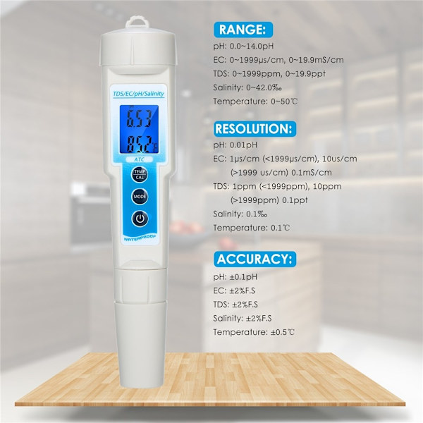 Måler 5-i-1 vandkvalitet / TDS / EC / pH / Salinitet / Temperatur White