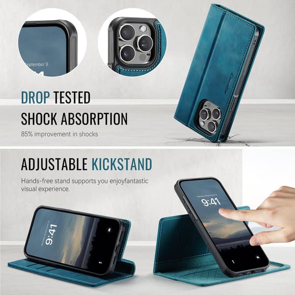 CASEME Til iPhone 15 Pro Max Lommebokdeksel Magnetisk Avtakbar RFID Beskyttelse - Coffee Blue