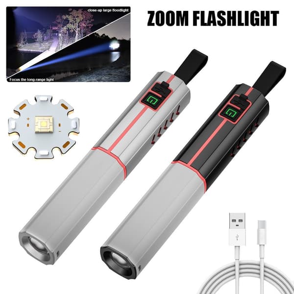 Lommelykt LED Teleskopisk zoom Oppladbar 3 moduser Hvitt lys Camping etc. Black