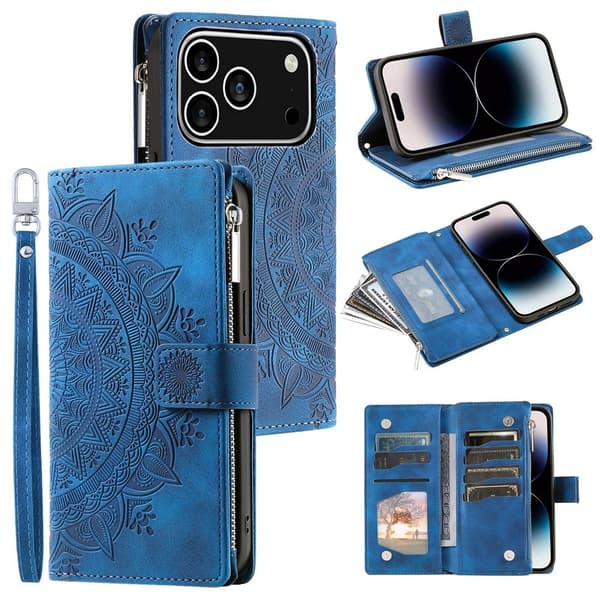 Lommeboketui kompatibelt med iPhone 17 Pro deksel etui mandala blomstermønster Blue