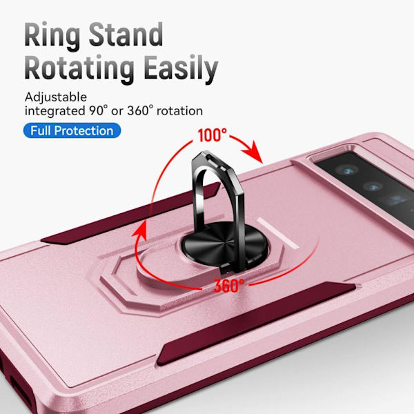 Google Pixel 7 Pro Hybrid skal med Finger Ring & Metall Plåt - Rosa Rosa