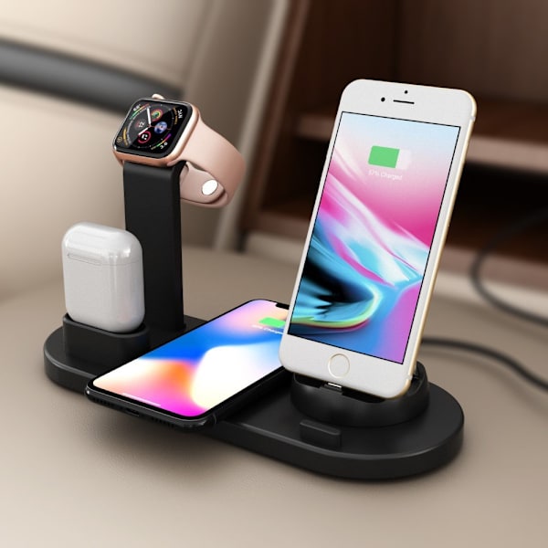 Ladestasjon Lightning Micro Usb C QI Roterbar Black