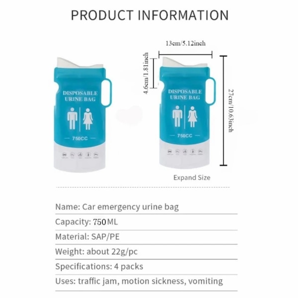 4 kpl 750ml autopissa hätävirtsapussi Kertakäyttöiset Camping sukat Blue