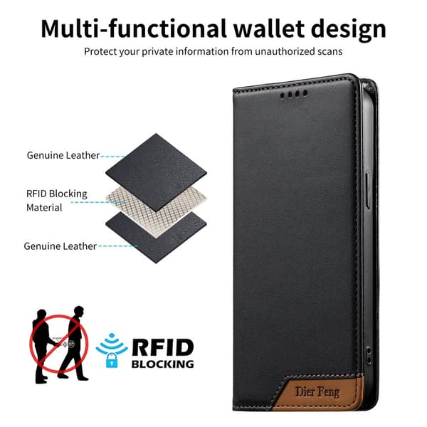 DIERFENG iPhone 17 Lompakkokotelo RFID Suoja Teline - Musta Black