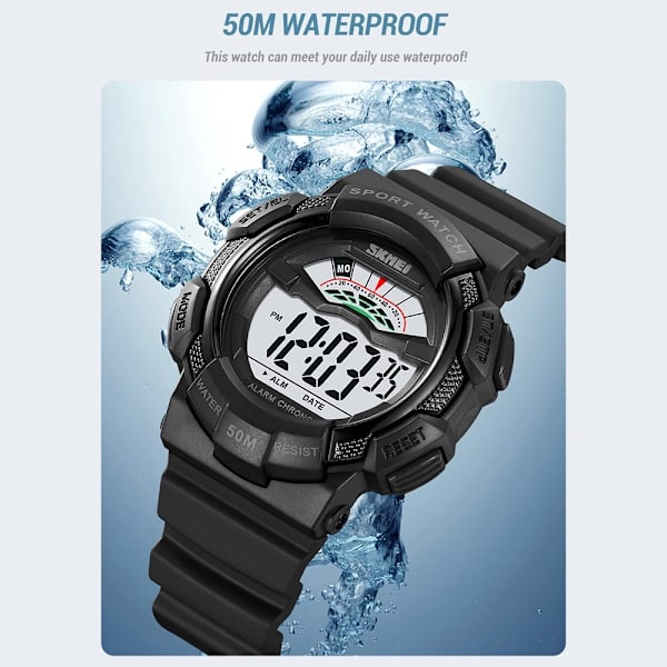 SKMEI 50m vandtæt armbåndsur - Sort+Blå/Hvid Urskive Blue