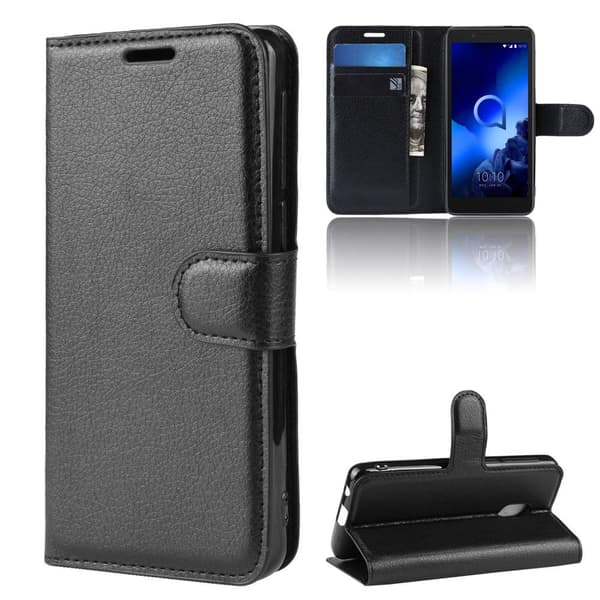 Litch Skin PU Walle Case hvid stativ til Alcatel 1C 2019 - Sort Black