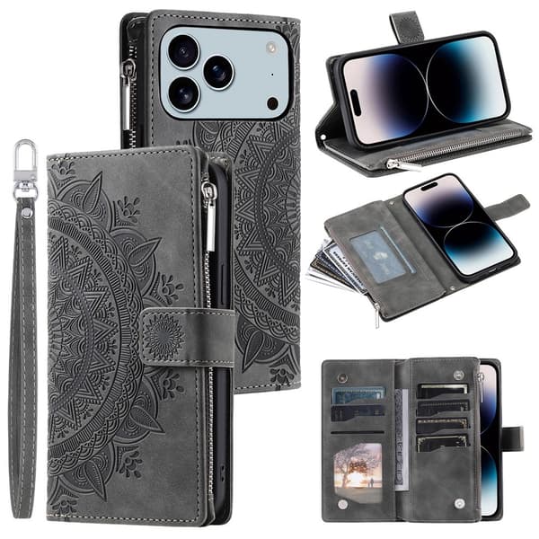 Pungetui kompatibelt med iPhone 17 Pro Max cover etui mandala blomstermønster - Grå Grey