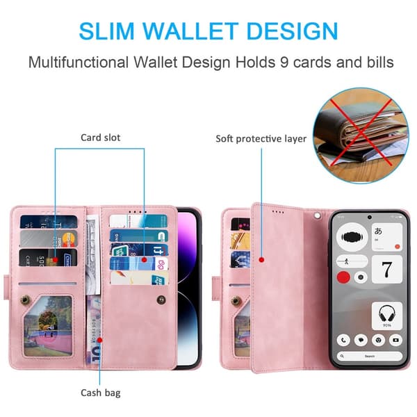 Mobilcover med kortlommer og håndledsrem til Nothing Phone (4b) Pink