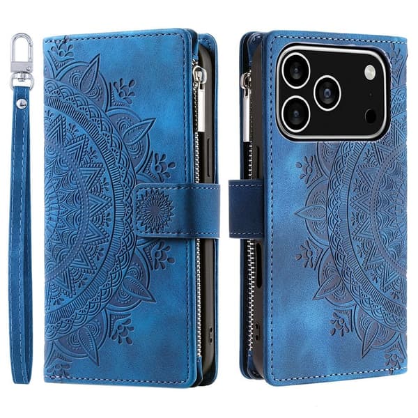 Lommeboketui kompatibelt med iPhone 17 Pro deksel etui mandala blomstermønster Blue