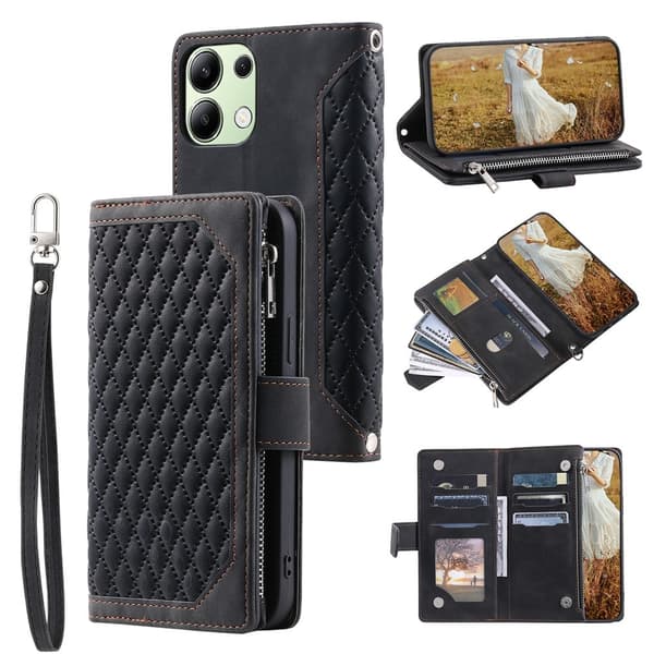 Xiaomi Redmi 15C Zipper Wallet Case Rhombus Stitching Line Puhelinsuojus Black