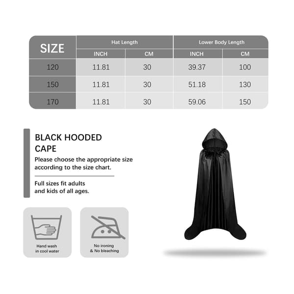 ZERILUNA 150 cm lang hættekappe, justerbar snøre, Halloween, vampyr, Black