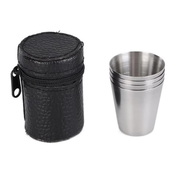 Rostfritt stål Shot Glas Snaps Glas Set 4 ST med Fodral för camping / picknick Silver