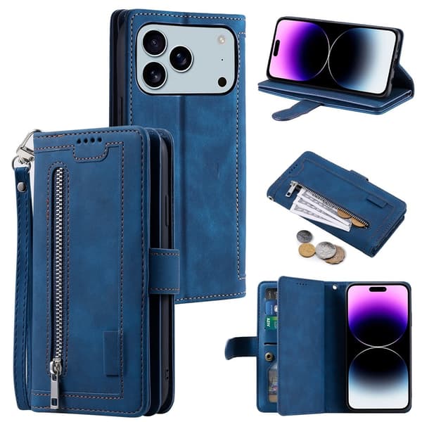 Til iPhone 17 Pro Max Etui med Lynlåslomme og 9 Kortlommer Blue