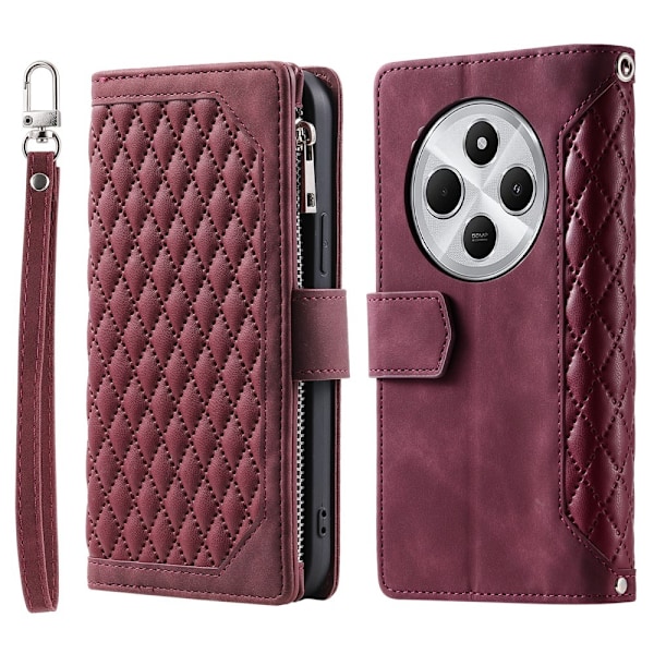 Xiaomi Redmi 14C Zipper Wallet Case Rhombus Stitching Line Puhelinsuojus Red