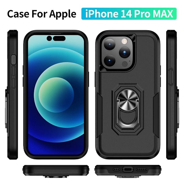 iPhone 14 Pro Max Hybrid skal med Finger Ring & Metall Plåt - Svart Svart
