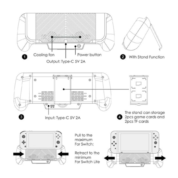 Kompatibel med Nintendo Switch + Switch Lite 2500mAh bærbar oplader Ladestation Stand Cover Black