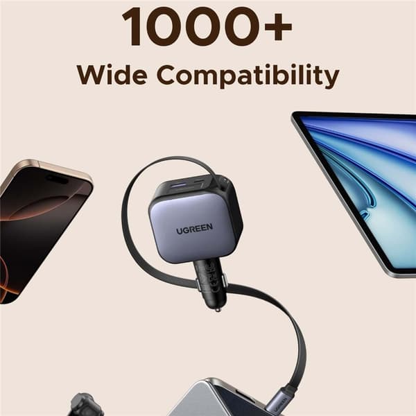 UGREEN 100W hurtig oplader bil (USB-A + 2 USB-C-porte) med indtrækkeligt 60W USB-C-kabel Black