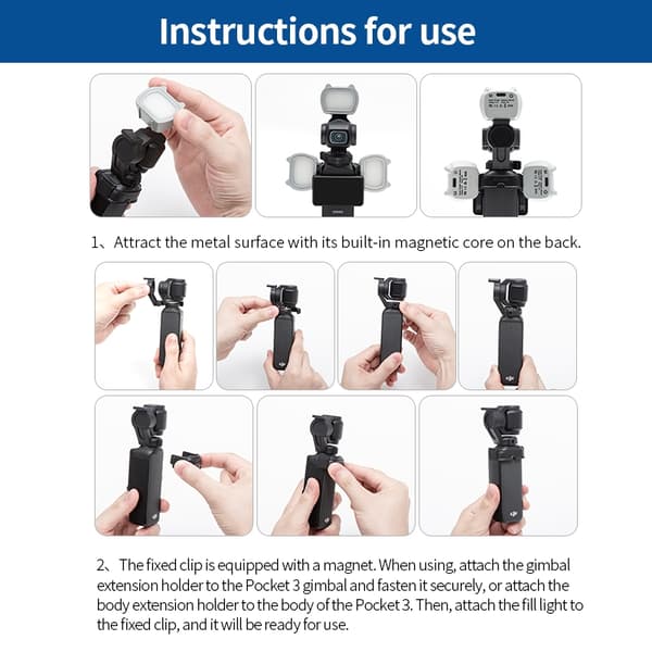 Lampa Belysning För DJI Osmo Pocket 3 Kamera Magnetisk Fill Light Kit 3 Färger grå