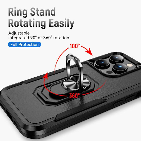 iPhone 15 Pro Max Hybrid skal med Finger Ring & Metall Plåt - Svart Svart