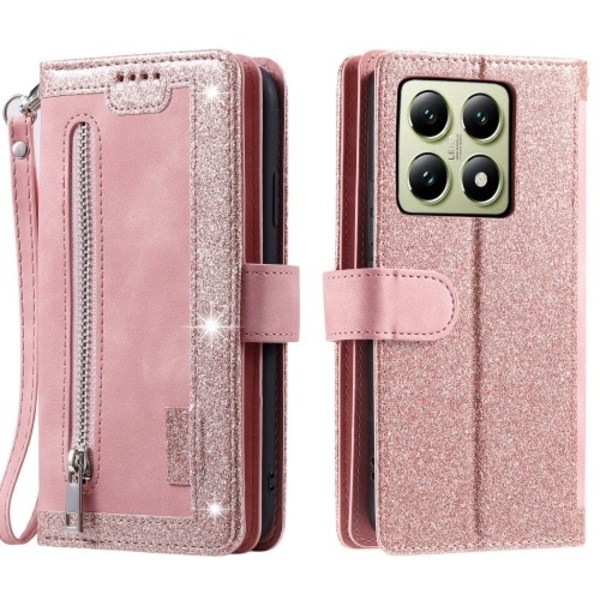 Til Xiaomi 14T Pro Etui med Lynlåslomme og 9 Kortlommer Pink gold