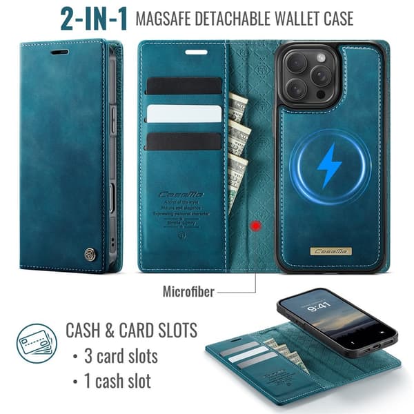 CASEME Til iPhone 16 Pro Lommebokdeksel Magnetisk Avtakbar RFID Beskyttelse Blue