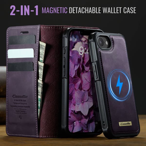 CASEME Til iPhone 17e / 16e  Lommebokdeksel Magnetisk Avtakbar RFID Beskyttelse Purple