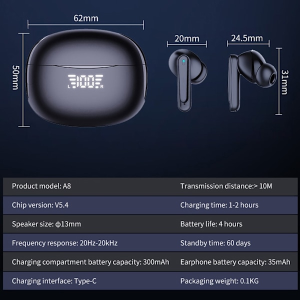 A8 150 Languages ​​Kääntäjä Smart Voice Bluetooth In Ear kuulokkeet Black