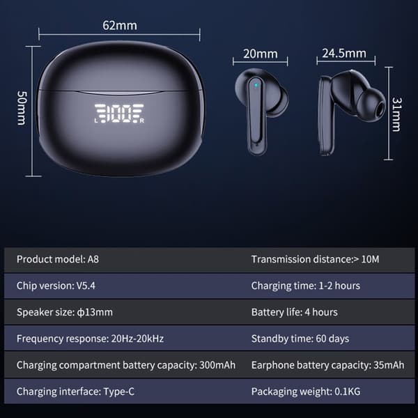 A8 150 Sprog Oversættelse Oversætter Smart Voice Bluetooth In Ear-hovedtelefoner Black