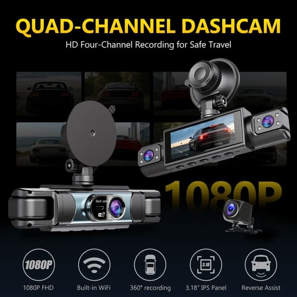 4-kanals 1080P WiFi Dash Cam G-sensor Loopinspelning Nattseende Backkamera Svart