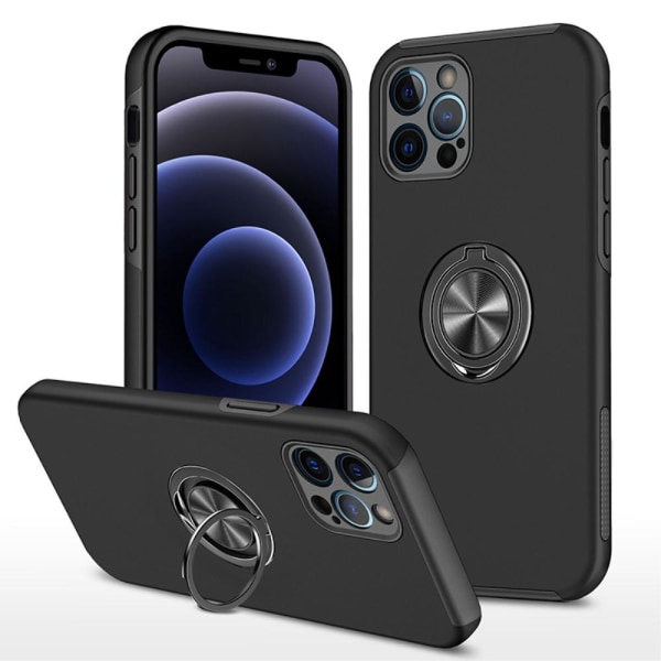 iPhone 13 Pro Max Finger Ring Kickstand Hybrid Case - Svart Black