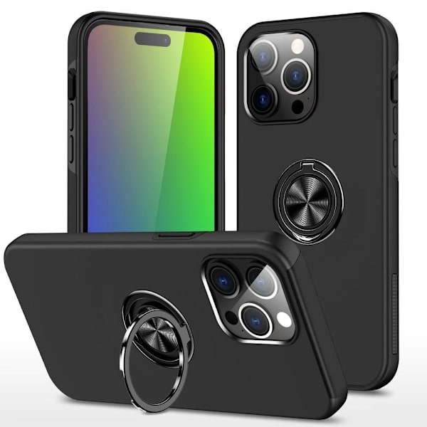 Til iPhone 15 Pro Max Finger Ring Kickstand Hybrid Taske - Sort Black