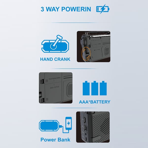 Emergency AM FM-radio Bluetooth Afspiller Håndsvinggenerator PowerBank Black