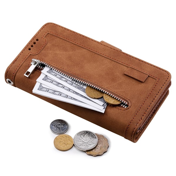 Til Google Pixel 9A Etui med Lynlåslomme og 9 Kortlommer Brown