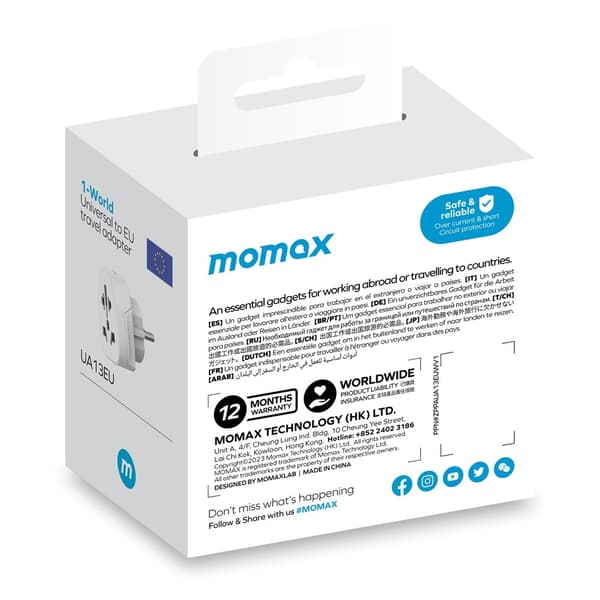 MOMAX 1-World 2500W universell reseadapter och strömomvandlare Vit