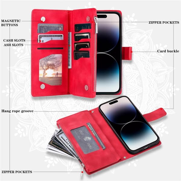 Pungetui kompatibelt med iPhone 17 Pro Max cover etui mandala blomstermønster Red