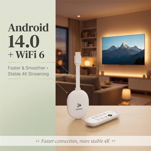 2+16GB Android TV 14.0 TV-sticka Quad-Core 4K WiFi 6 Bluetooth 5.4 fjärrkontroll Vit