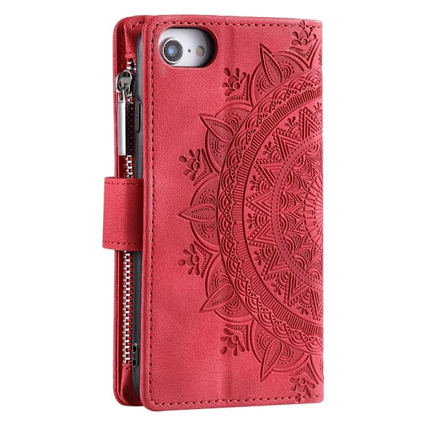 För iPhone 16e plånboksfodral Fodral Skal Mandala blommönster Röd