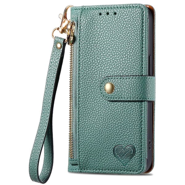 For iPhone 17 Pro Max Deksel RFID-blokkering Glidelåslomme Lommebokdeksel med Stropp Green