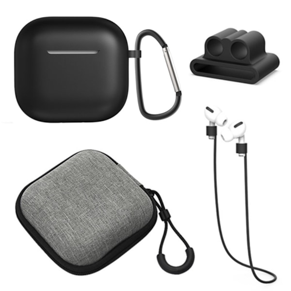 For AirPods 4 5 stk Tilbehør Veske Oppbevaringsboks Halsstropp Hodetelefonholder Nøkkelring - Svart Black