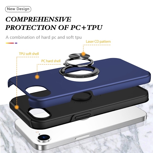 Til iPhone 17e / 16e Finger Ring Kickstand Hybrid Taske Blue
