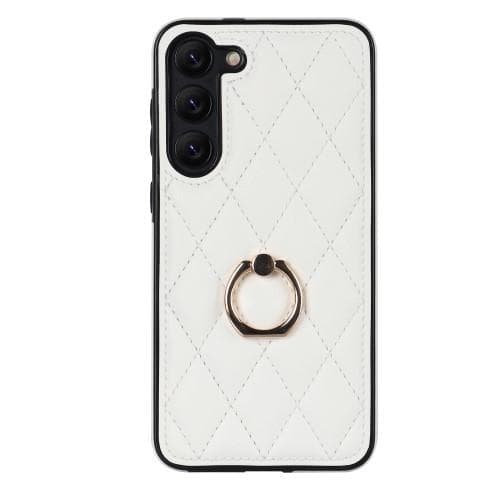 Samsung Galaxy S23 Etui Rhombus Grid Mønster Bagdæksring Stativ - Hvid White