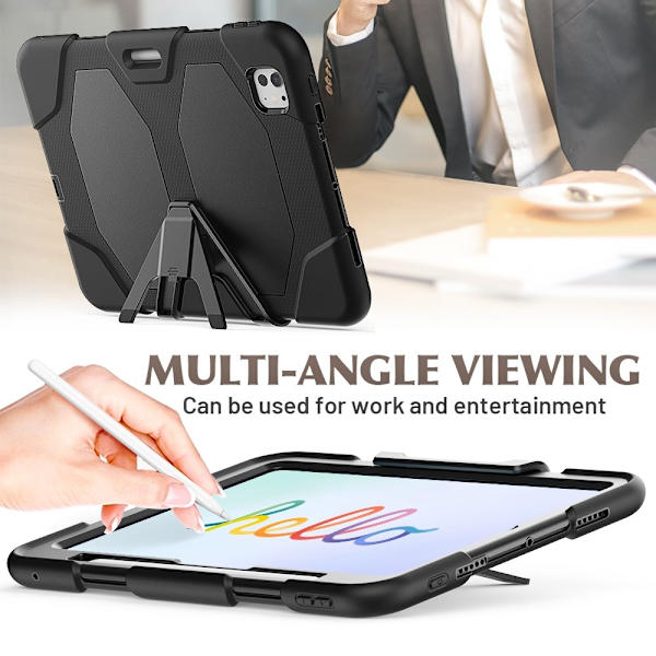 Etui for iPad Pro 11 (2024) med innebygd skjermbeskytter, kickstand, PC + silikondeksel - Svart Black