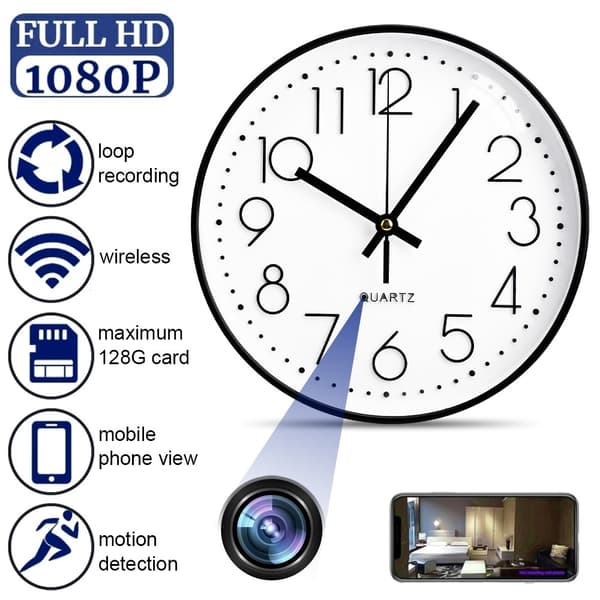 Väggklocka Minikamera HD 1080P Rörelsedetektering Hemsäkerhet Dold WiFi-kamera Svart