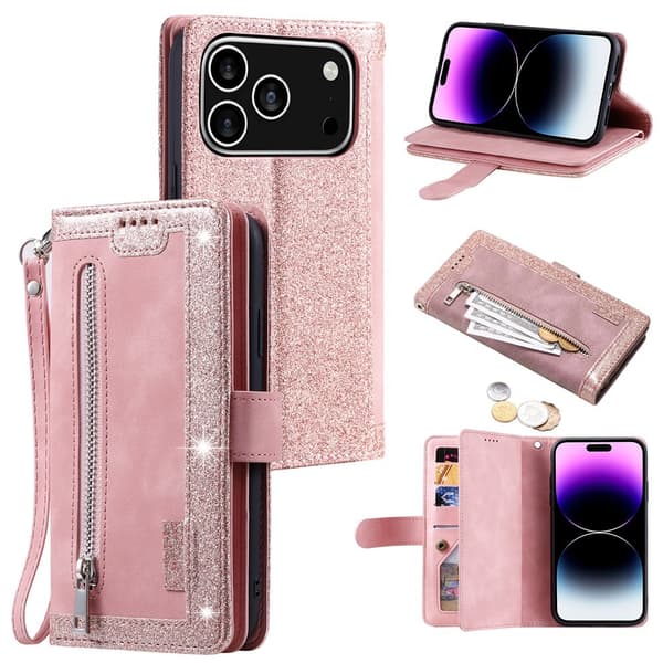 Til iPhone 17 Pro  Etui med Lynlåslomme og 9 Kortlommer Pink