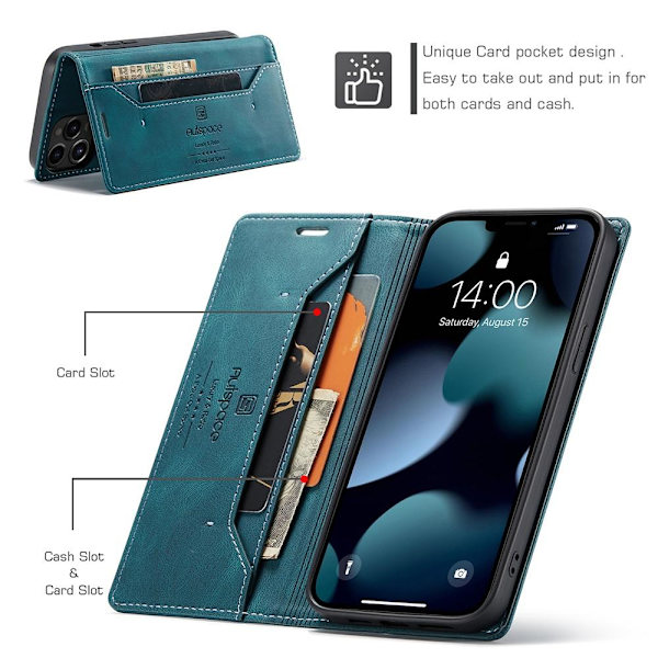 AUTSPACE A01 Retro Wallet Case for iPhone 13 Pro - Blue Blue