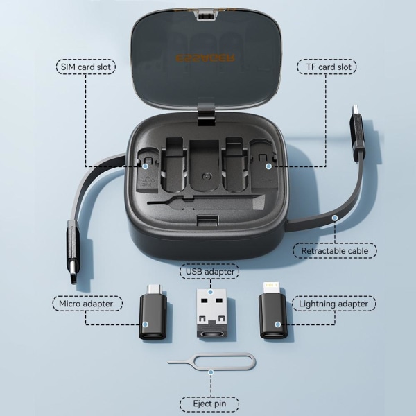 Integroitu USB-C-sovitinkaapelisarja Latauskaapelikotelon muunni Black