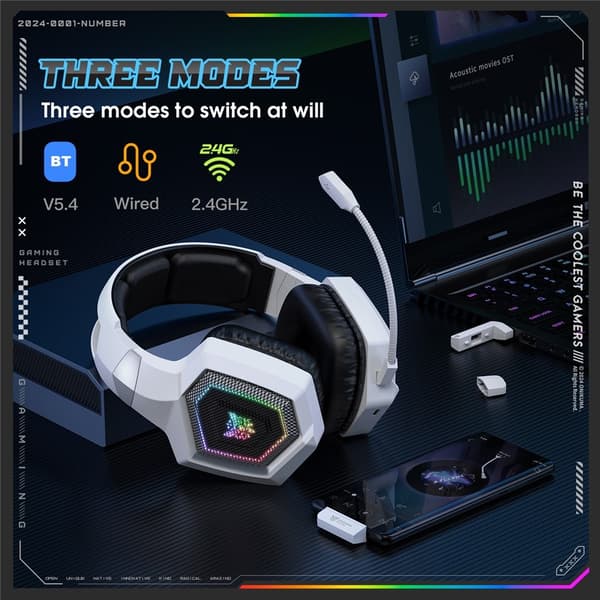 Bluetooth-hovedtelefoner ONIKUMA Gaming Headset Triple Mode RGB-belysning Surround Sound White
