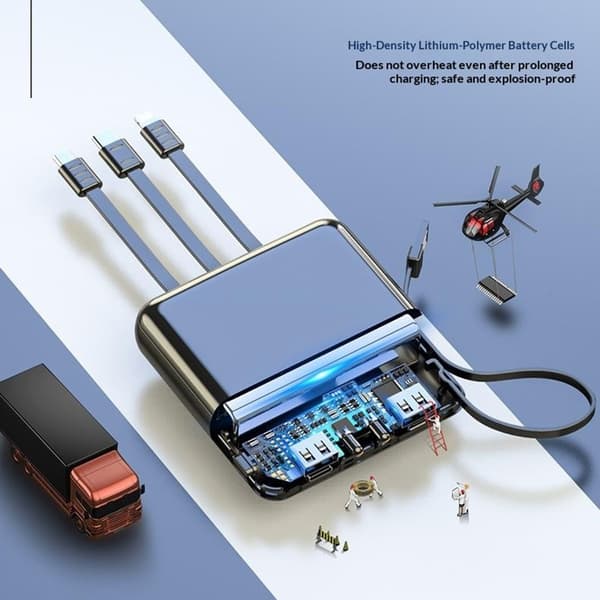 Kompakti varavirtalähde 10 000 mAh, 4-in-1-kaapeli, LED-taskulamppu, digitaalinen näyttö – punainen Red