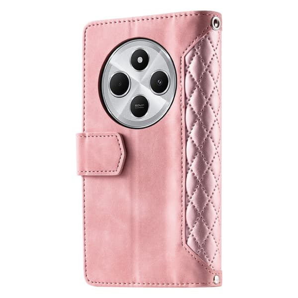 För Xiaomi Redmi 14C Zipper Wallet Case Rhombus Stitching Line Telefonfodral Rosa